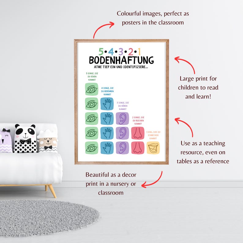 May include: A framed poster with the text "5.4.3.2.1 BODENHAFTUNG" in colorful letters. The poster includes illustrations of eyes, hands, ears, noses, and mouths. The poster is designed for use in a classroom or nursery.