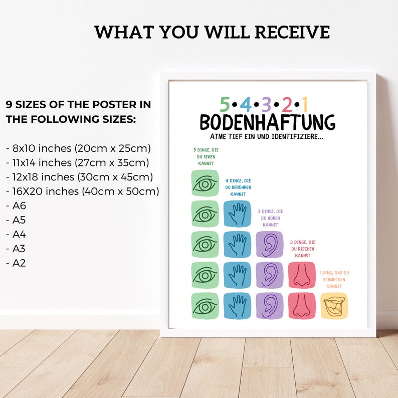 May include: A white framed poster with the text "WHAT YOU WILL RECEIVE" at the top. The poster includes the text "9 SIZES OF THE POSTER IN THE FOLLOWING SIZES:" and size measurements in inches and centimeters. The poster also has the text "5.4.3.2.1 BODENHAFTUNG".