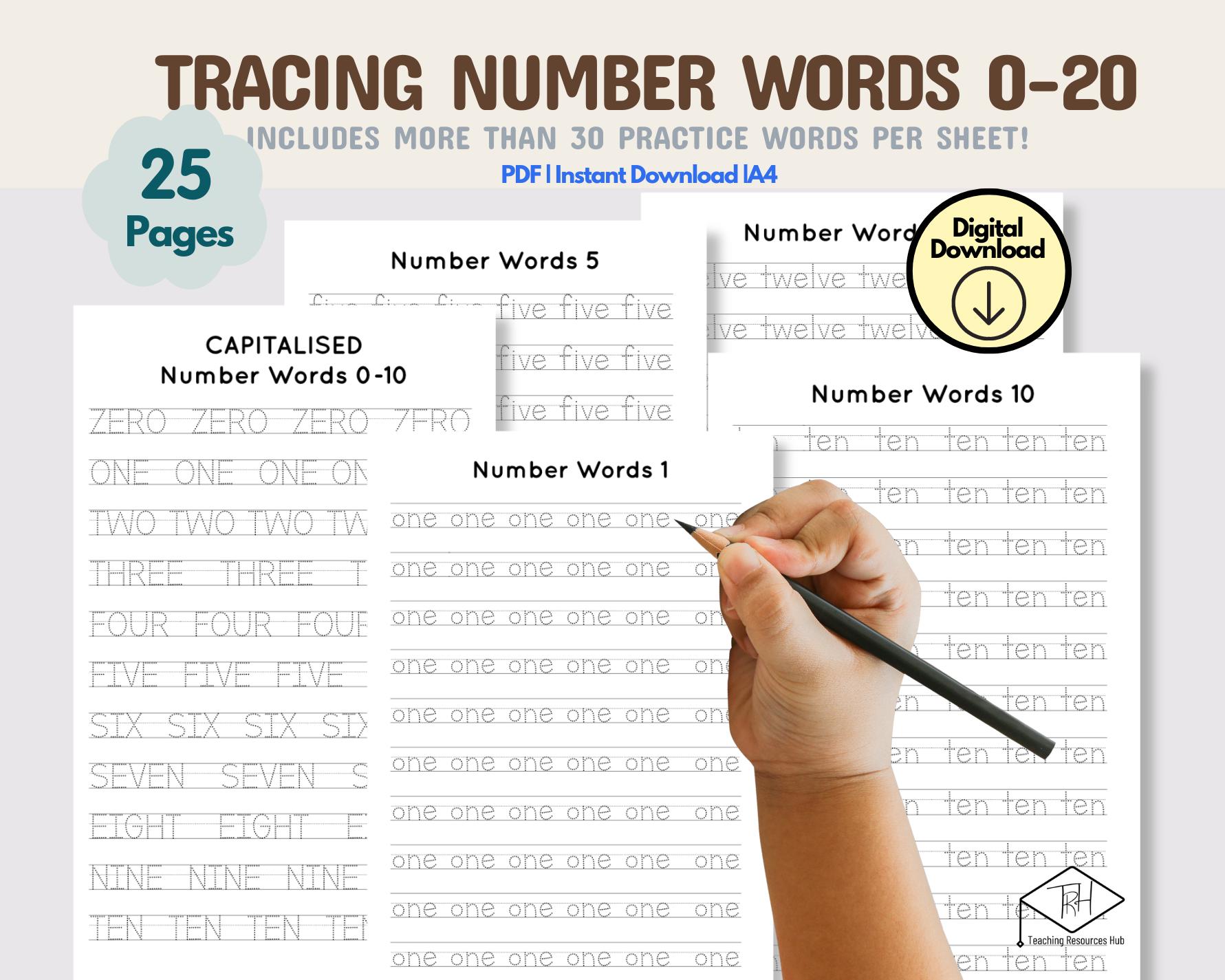 Tracing Number Words 0-20 Worksheets 25 PAGES: Writing and Maths Fun ...