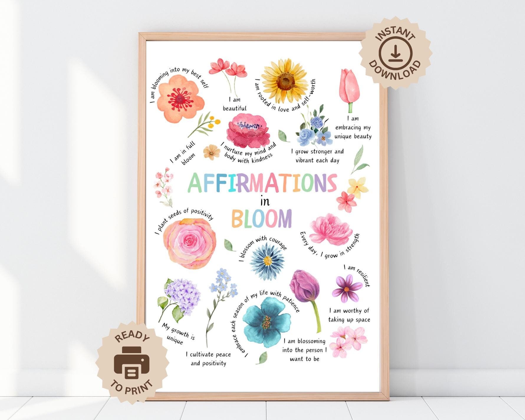 Affirmations in Bloom Poster, Therapy Office Counselor Decor, Growth Mindset, Positive Affirmations, Classroom Mental Health, Calm Corner