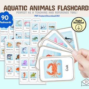 Pacchetto didattico di flashcard per bambini con animali acquatici - Materiali Montessori, stampe educative, flashcard per bambini, attività di abbinamento, pianeti