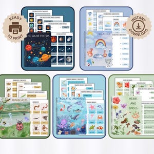 Set di 5 libri per bambini piccoli, erbe e spezie, sistema solare, meteo, animali in miniatura, animali acquatici, schede didattiche, attività di abbinamento