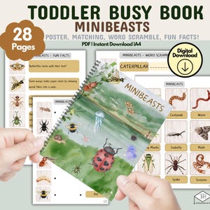 Pacchetto didattico Minibeasts - Libro impegnativo Montessori, stampe educative, schede flash per bambini, attività di abbinamento, fatti divertenti, ricerca di parole strapazzate