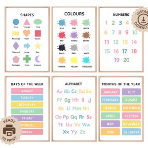 Set mit 6 Lernpostern, Formen, Zahlen, Alphabet, Wochentagen, Monaten, Farben, Montessori-Klassenzimmer Poster-Dekor