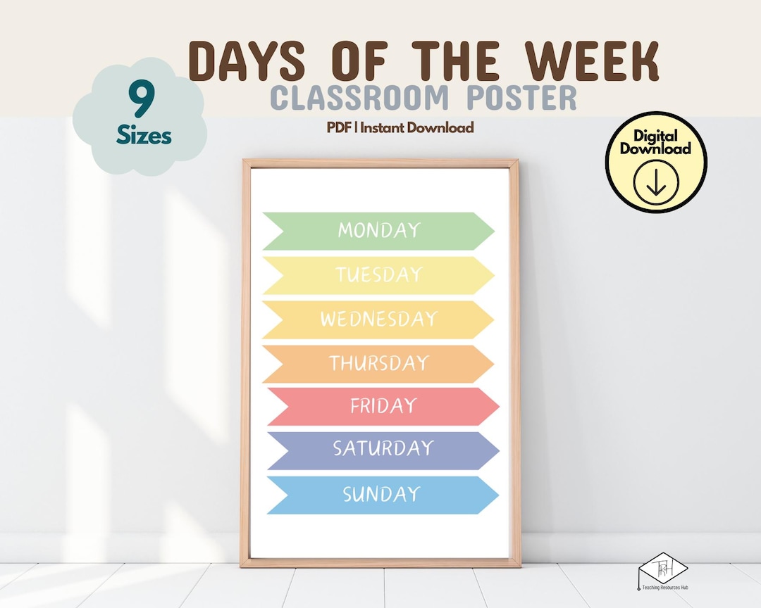 Days of the Week Poster, Printable Educational Playroom Posters, Boho ...