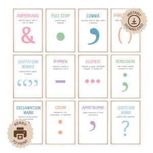 Juego de 12 carteles de puntuación, decoración para aulas de inglés, arte mural educativo de puntuación gramatical, lectura primaria KS1 KS2, aprendizaje de idiomas