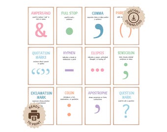 Set of 12 Punctuation Posters, English Classroom Decor, Educational Grammar Punctuation Wall Art, KS1 KS2 Primary Reading, Language Learning
