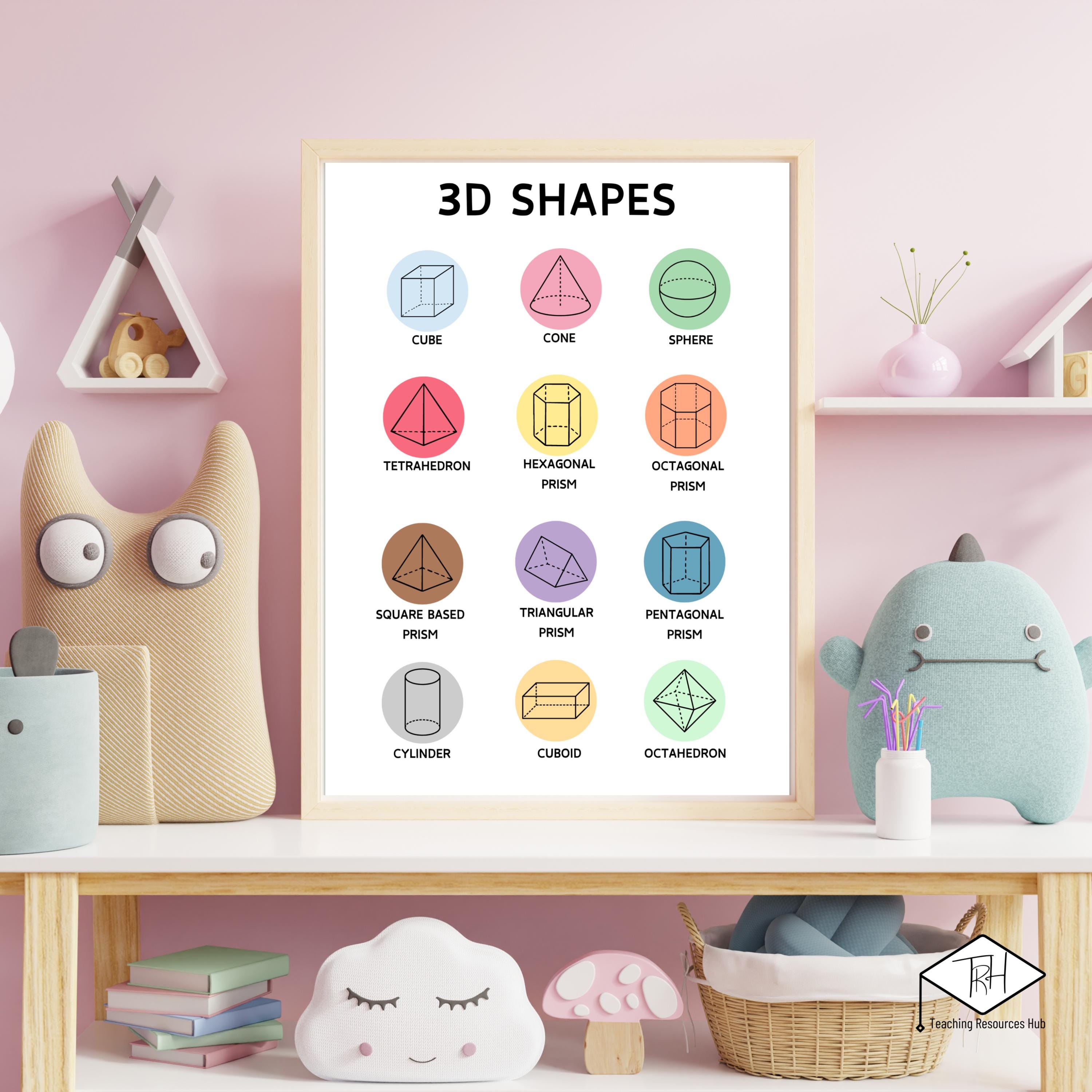 3D Shapes Poster Rainbow, Printable Educational Playroom Posters, Boho ...