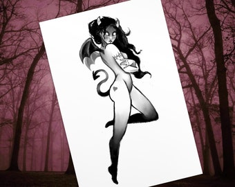 Cute devil girl postcard. Unisex Satan fairy postcard. Satanic postcard. Pagan angel postcard. Tattooed devil card.