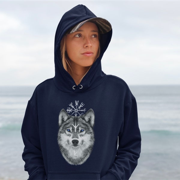 Viking wolf hoodie | Bescherming runen hoodie | Algiz hoodie | Viking stijl kleding | Bescherming wolf trui | Viking kompas | Vegvisir