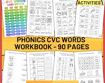 May include: A black and white workbook with the title "Phonics CVC Words Workbook - 90 Pages". The workbook includes activities for learning phonics, such as matching pictures with words, unscrambling words, and coloring.