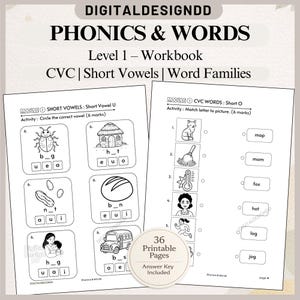 Könnte beinhalten: Ein Arbeitsbuch für Phonetik der Stufe 1 mit dem Titel "PHONICS & WORDS", das sich mit CVC-Wörtern, kurzen Vokalen und Wortfamilien befasst. Die Seiten enthalten Übungen zum Einkreisen des richtigen Vokals und zum Zuordnen von Buchstaben zu Bildern. Das Arbeitsbuch enthält 36 druckbare Seiten und einen Antwortschlüssel.