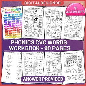 Könnte beinhalten: Ein farbenfrohes Arbeitsbuch mit 9 Aktivitäten zum Erlernen von CVC-Wörtern der Phonetik. Der Umschlag zeigt einen violetten Hintergrund mit dem Titel "Phonics CVC Words Workbook - 90 Pages" in weißer Schrift. Das Arbeitsbuch ist für Kinder konzipiert, die das Lesen lernen.