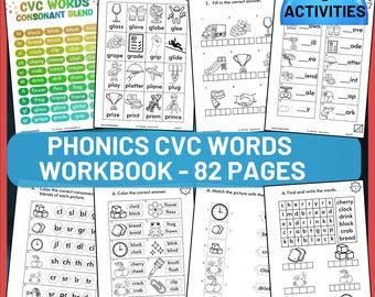 Peut inclure: Cahier d'exercices de phonétique CVC avec 82 pages, comprenant des mélanges de consonnes, des correspondances d'images et des exercices à compléter. Le texte "Answer Provided" et "9 Activities" sont visibles.