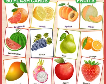 Flashcards de frutas para imprimir em PDF | Cartões de aprendizagem Montessori para crianças | 50 flashcards de frutas