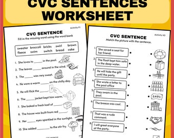 CVC Sentence Worksheets | Simple Reading Practice for Kids | Kindergarten & Preschool Printable PDF
