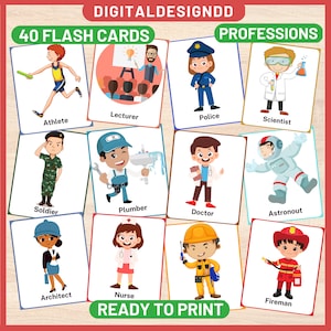 Könnte beinhalten: Ein Satz von 40 bunten Lernkarten mit Illustrationen verschiedener Berufe, darunter ein Athlet, ein Dozent, ein Polizist, ein Wissenschaftler, ein Soldat, ein Klempner, ein Arzt, ein Astronaut, ein Architekt, eine Krankenschwester und ein Feuerwehrmann. Die Karten sind zum Ausdrucken bereit.