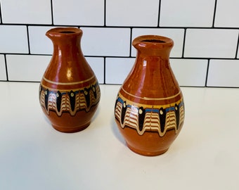 Pair of Vintage Russian or Bulgarian Small Pottery Vodka Pitchers, Vintage Colorful Handcrafted Pottery