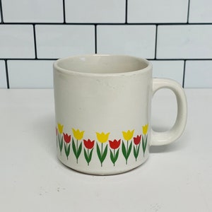 Vintage Tulip Coffee Mug, Retro Kitchen, Floral Cup, Tulips, Yellow and Pink Flowers image 1