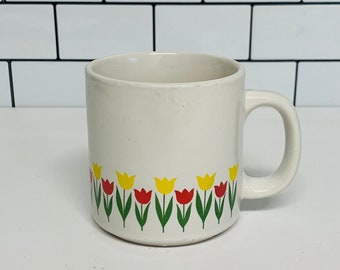 Vintage Tulip Coffee Mug, Retro Kitchen, Floral Cup, Tulips, Yellow and Pink Flowers