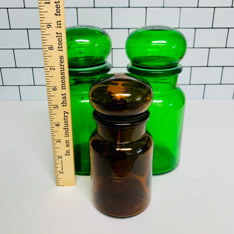Vintage Glass Apothecary Jars, Brown Glass, Green Glass, Belgian Glass