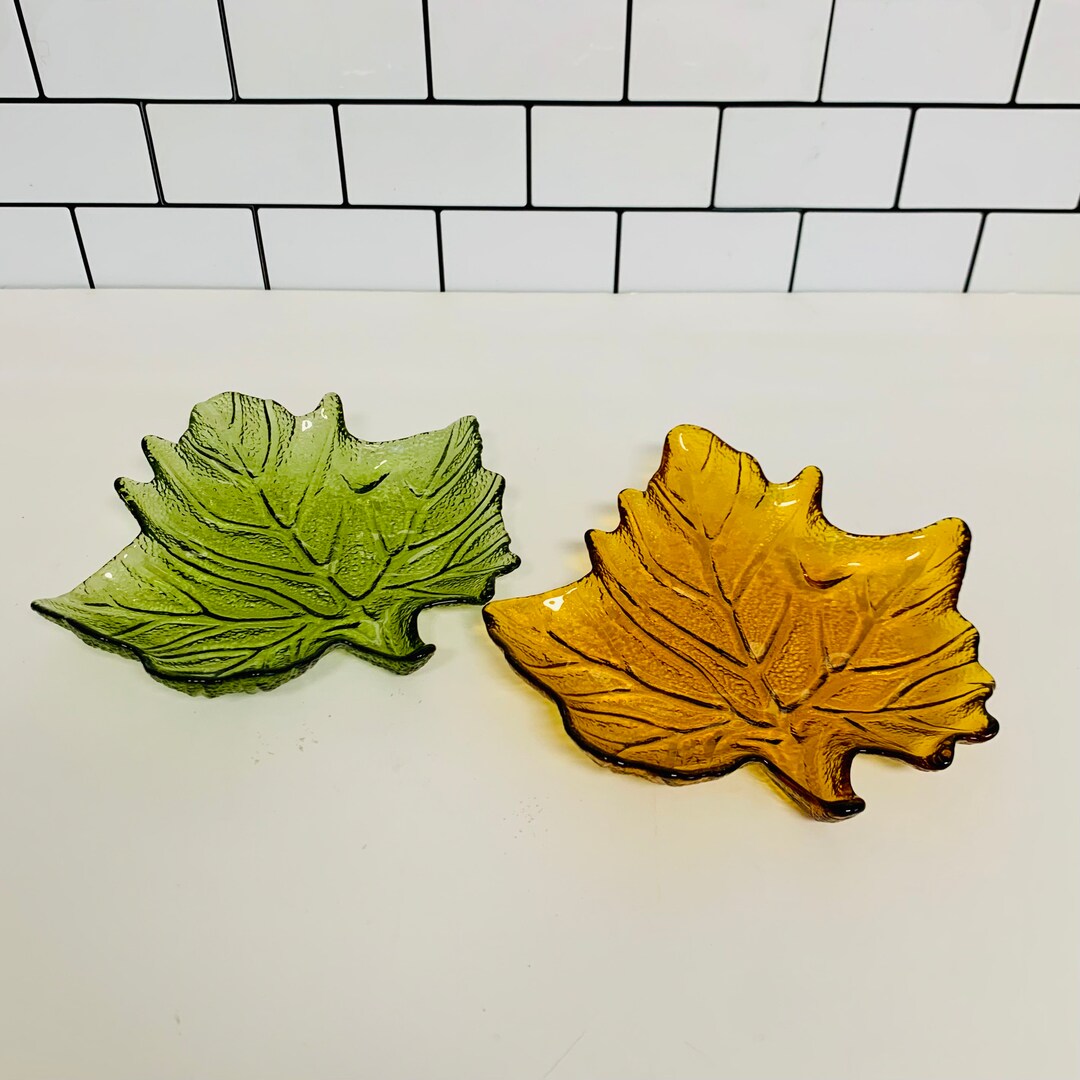 Vintage Glass Leaf Dish, Amber Gold, Green, Fall Decor, Glass Tray