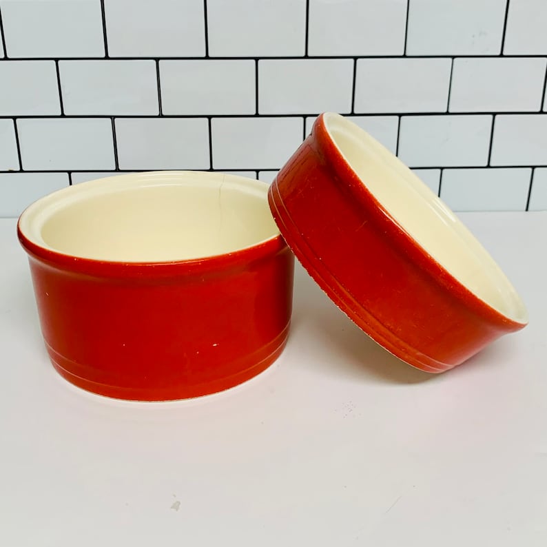 Set of Two Vintage Universal Potteries Stacking Cambridge Orange Bowls, Made in the USA, Retro