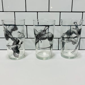 Vintage 1960’s Gulf Oil Pheasant 3 Piece 12 Ounce Drinking Glasses, MCM Glasses, Mid Century Bar, Bird Glasses