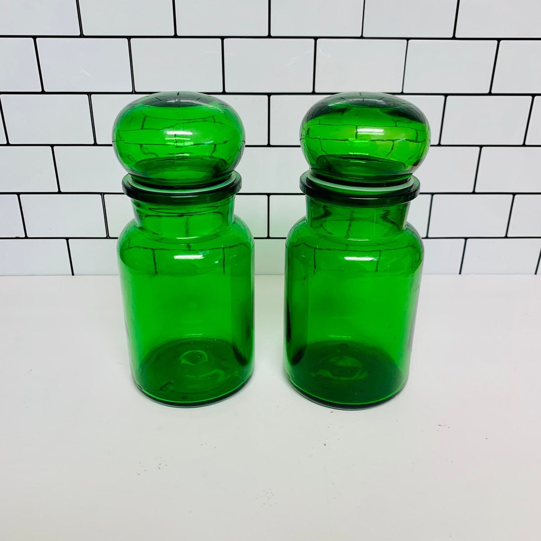 Vintage Glass Apothecary Jars, Brown Glass, Green Glass, Belgian Glass