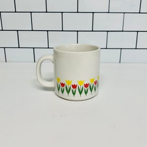 Vintage Tulip Coffee Mug, Retro Kitchen, Floral Cup, Tulips, Yellow and Pink Flowers image 2