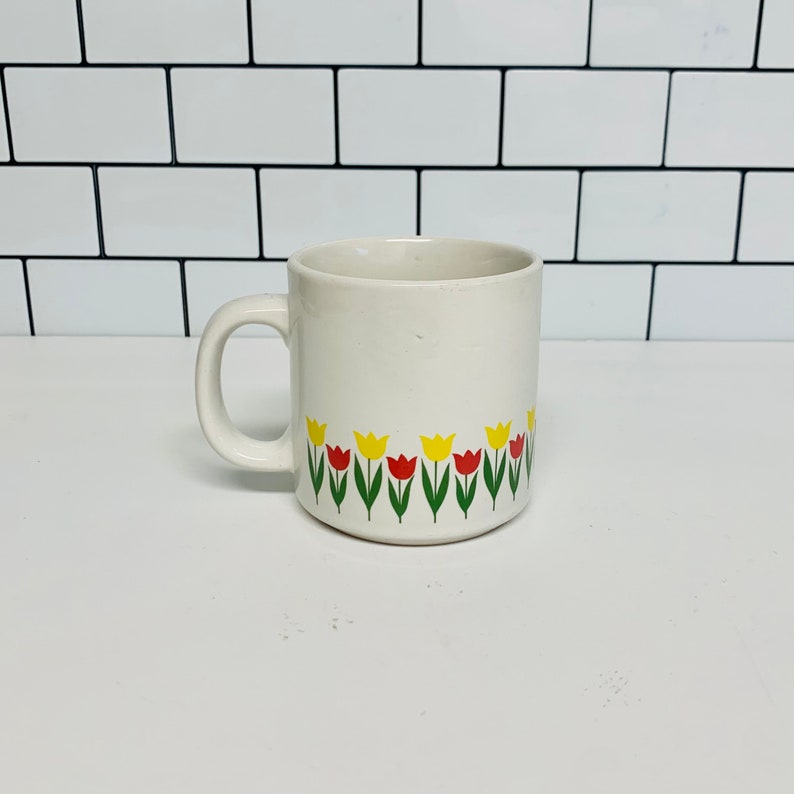 Vintage Tulip Coffee Mug, Retro Kitchen, Floral Cup, Tulips, Yellow and Pink Flowers image 2