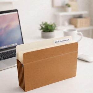 May include: A brown accordion file folder labeled "Math Homework" sits on a white desk. The file is open, revealing several cream-colored file dividers. A laptop, a small plant, and a white mug are visible in the background.