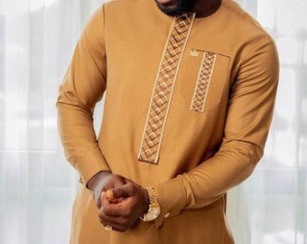 Gold Kaftan Afrikanischer Herrenanzug: Handgefertigte Dashiki Senator Wear