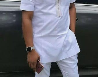Traje africano blanco para hombre: Camisa y pantalones dashiki hechos a mano