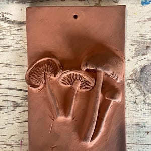 May include: A rectangular terracotta relief sculpture featuring a cluster of mushrooms. The mushrooms are in various stages of growth, with detailed gills visible. The text "BULLIARD KUBBER" is at the bottom.