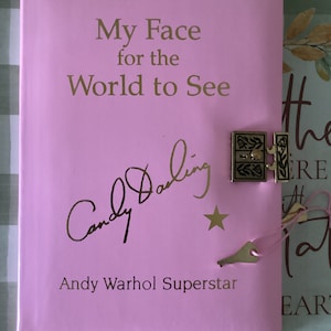 Puede incluir: Un diario rosa con un candado y una llave dorados. La portada dice "My Face for the World to See" y está firmada por "Candy Darling" con el texto "Andy Warhol Superstar" debajo.