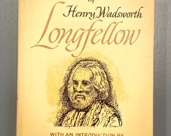 May include: A vintage book cover with a yellow background and brown text. The title is "Favorite Poems of Henry Wadsworth Longfellow" with an illustration of Longfellow with a beard and mustache. The text "With an Introduction by Henry Seidel Canby" is at the bottom of the cover.