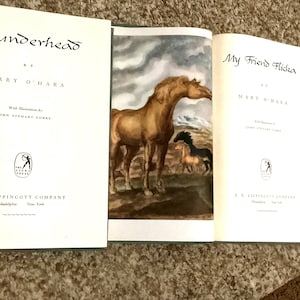 May include: An open book with the title "Thunderhead" by Mary O'Hara and "My Friend Flicka" by Mary O'Hara. The book features illustrations by John Steuart Curry. The illustration shows a brown horse with a white blaze on its face standing in a field with two other horses.