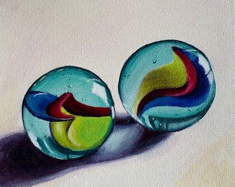 Buntes handgemaltes original Acryl Leinwandgemälde 20x20cm 3D Leinwand „Murmelspiel“ für Ostern als Geschenk und Wand Deko