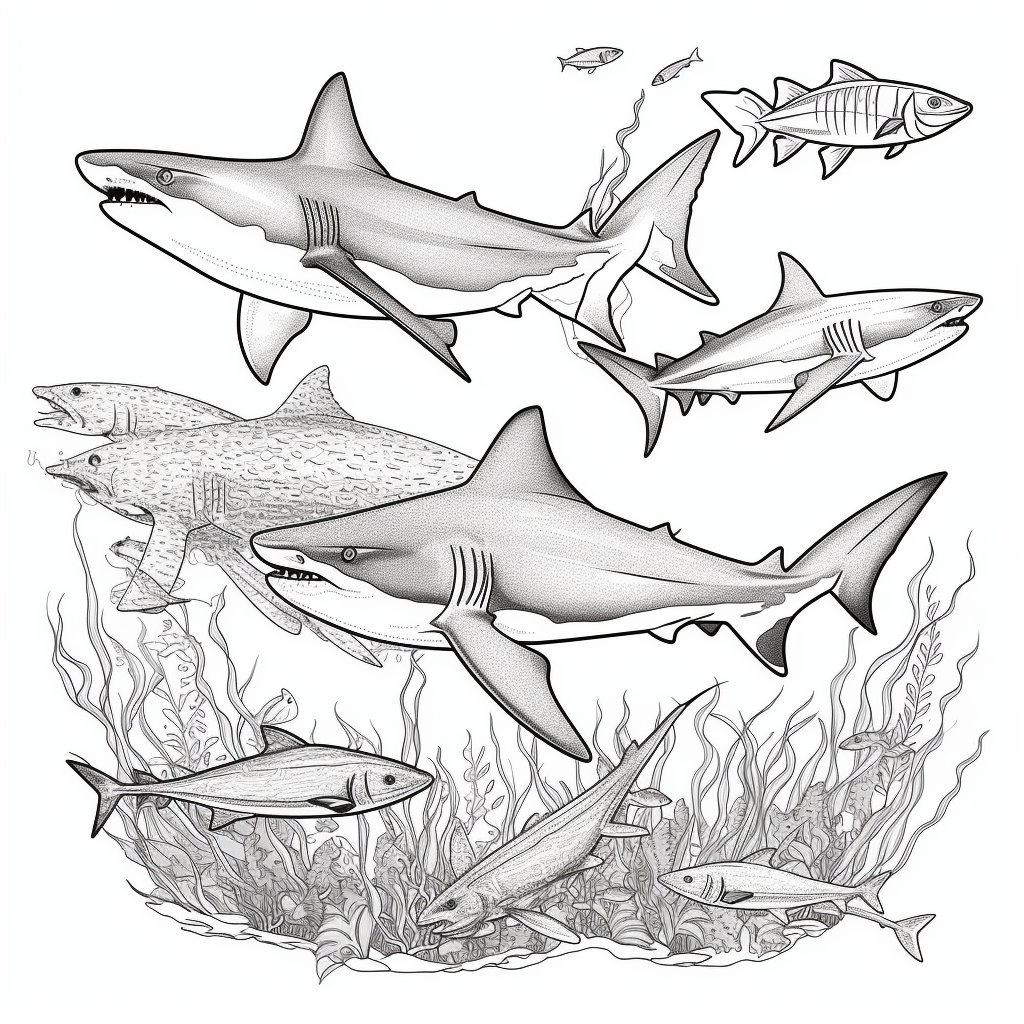 Sharks: 4 Page Coloring Book for Adults and Children. Grayscale ...