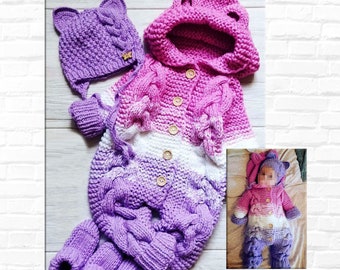 3 colour hooded jumpsuit wiht booties and hat, Knit baby clothes, Baby overall set, Crochet baby romper, Newborn gift