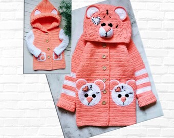 Peach Baby Hooded Cardigan, Crochet Baby Jacket, Baby Coat, Knitted Baby Clothes, Gift for Girl