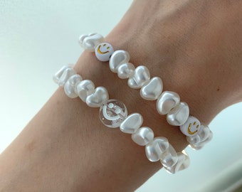 Pulsera smiley, pulsera de la amistad, regalo para novia, mamá, oro, blanco, pulsera con cara, sonrisa