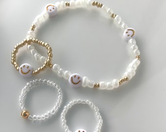 Bracelet smiley, bague smiley, perles, bracelet d'amitié, cadeau pour petite amie, maman, or, blanc, bracelet avec visage, sourire