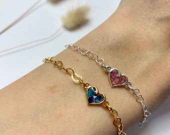 Bracelet, heart, gift for girlfriend, mom, small gift idea, silver, gold, rose, epoxy resin, pink, blue, glitter, friendship bracelet