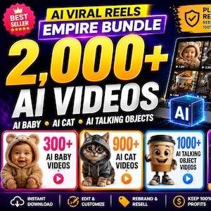 AI Faceless Reels-bundel + doorverkooprechten | 2200+ virale video's over katten, baby's en pratende voorwerpen | Digitaal product om te verkopen klaar voor jou | PLR MRR