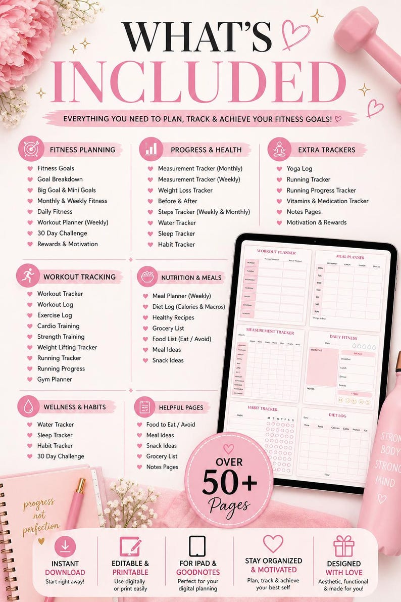 fitness planner whats included digital workout planner meal planner habit tracker weight loss tracker 
printable fitness planner ipad goodnotes