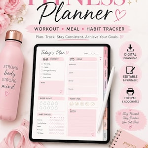 Könnte beinhalten: Ein rosa Fitnessplaner mit den Worten "FITNESS Planner" und "WORKOUT MEAL HABIT TRACKER". Enthält eine rosa Wasserflasche, ein digitales Tablet, ein Notizbuch und einen Stift. Der Planer hat Abschnitte für Workouts, Mahlzeiten und Gewohnheitsverfolgung.