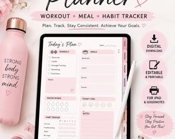 Agenda digitale per allenamenti, pianificatore per la palestra e tracker per gli allenamenti, diario per la perdita di peso, pianificatore per la preparazione dei pasti, PDF per il fitness, tracker delle abitudini, prodotti plr