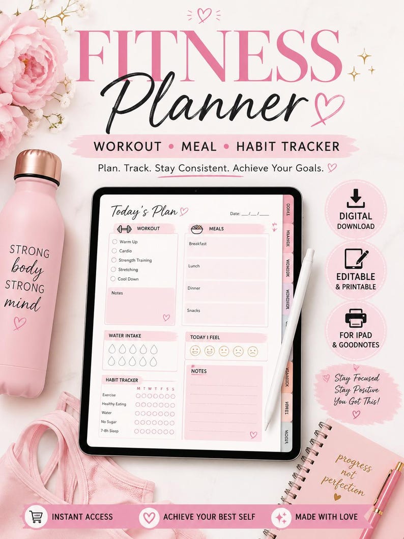 girly fitness planner digital download workout planner pink aesthetic gym planner 
ipad printable workout tracker habit tracker meal planner